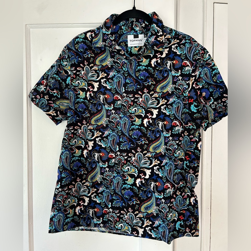 Topman Men's Blue Paisley Button Down Shirt